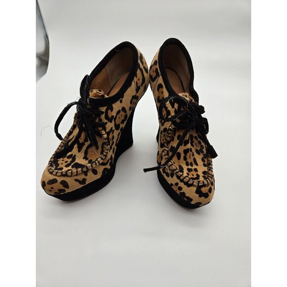 L.A.M.B. Pony Hair Leopard Print Lace Wedge Bootie Heels - Picture 1 of 8